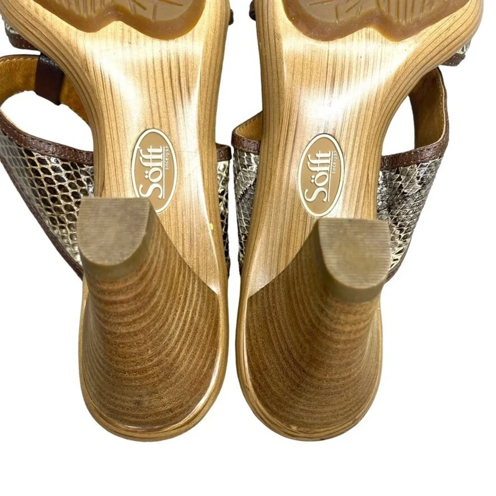 Sofft Brown Leather Snakeskin Print T Strap‎ Heeled Sandals Slides Size 7.5 M